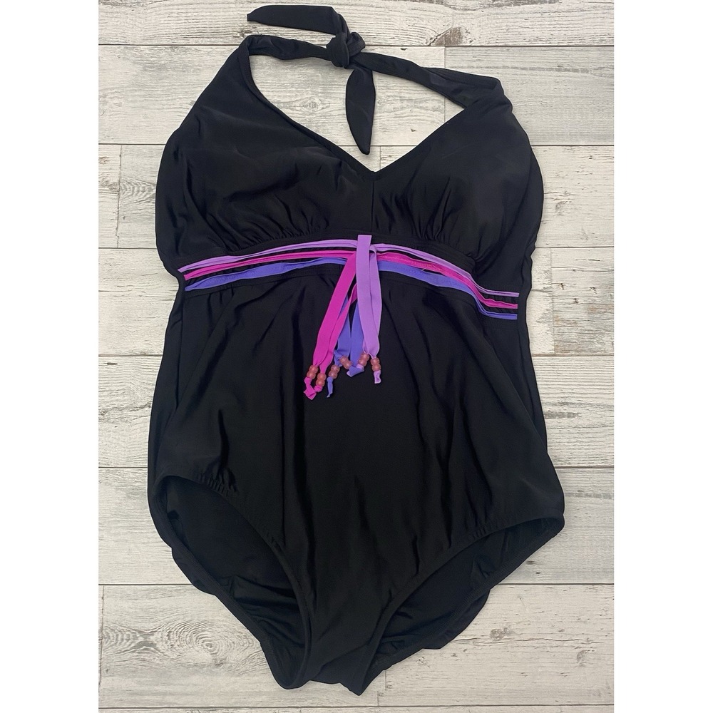 Delta Burke Swimsuit One Piece Womens 20W Black Tasseled Halter Beach Swimwear